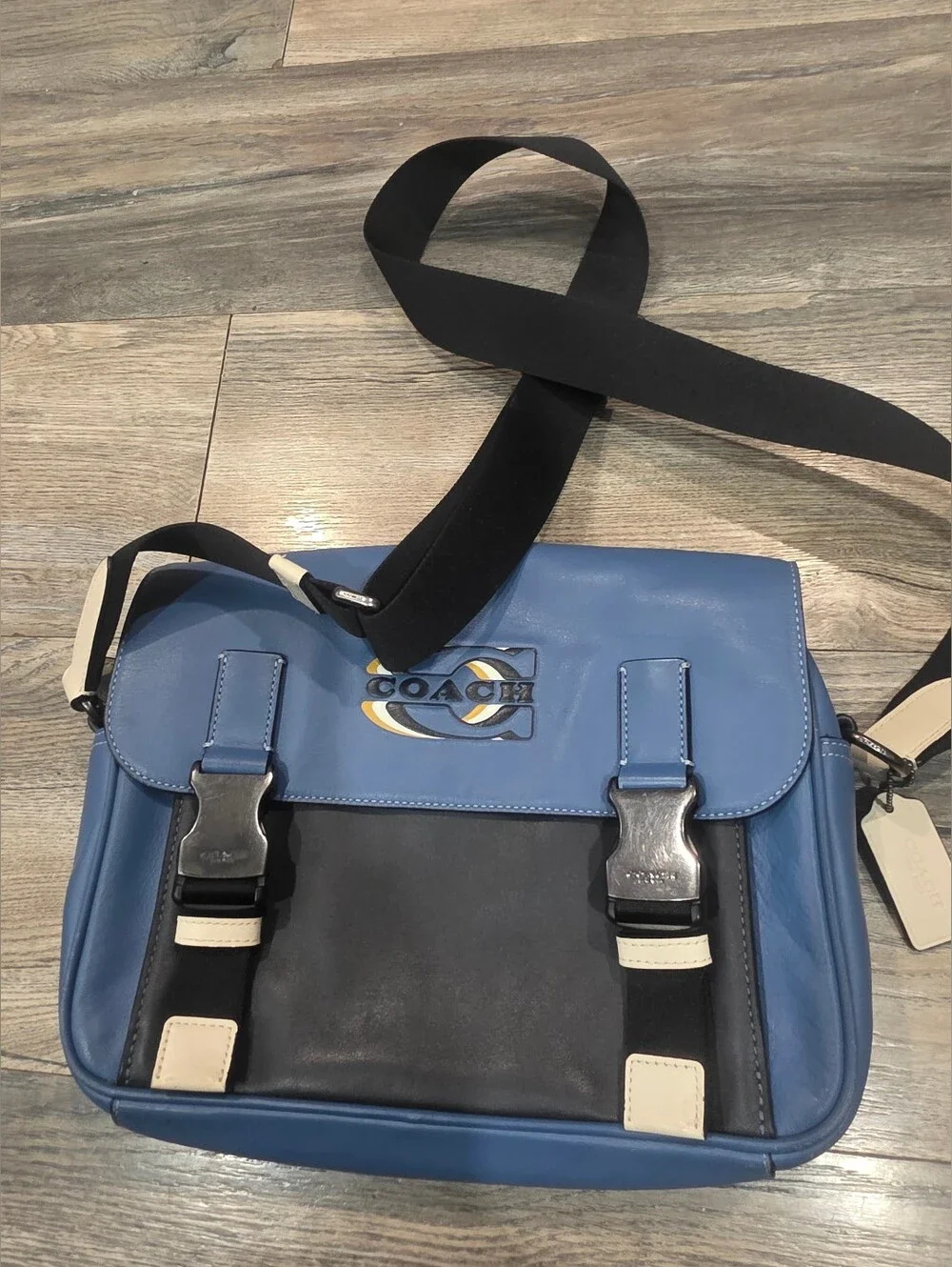 Coach Blue Leather Messenger Bag with Black and Cream Accents